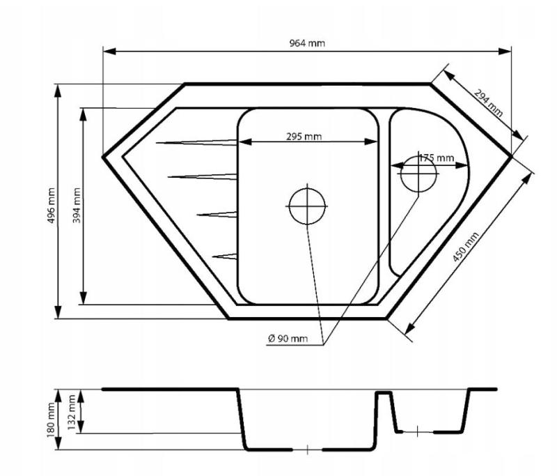 Graniteland Amiata Évier d'angle en granit noir à poser 965x496mm avec bouchon en inox 1208971120