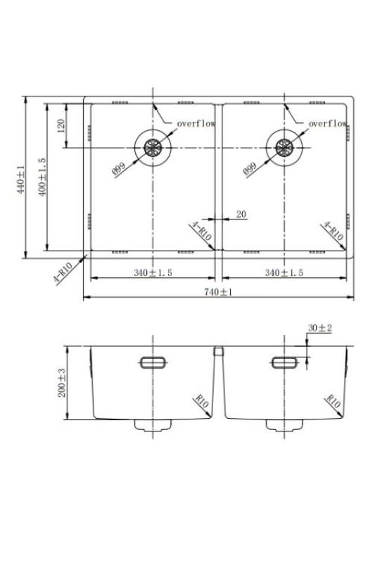 Pure.Sink Prestige Double évier en inox 70x40 cm rayon de 10mm, montage sous plan, montage à fleur et montage sur plan PPG343440-02