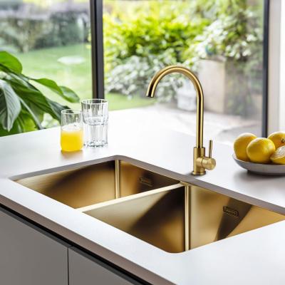 Pure.Sink Prestige Double Évier Doré 82x40 cm rayon de 10mm sous-structure, montage à fleur et montage en surface PPG404040-60
