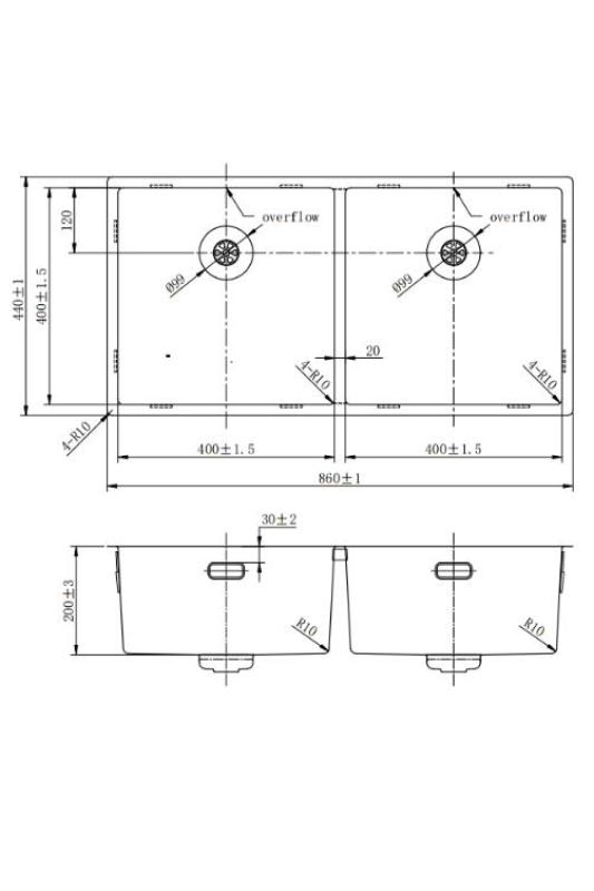 Pure.Sink Prestige Double évier en métal couleur canon de fusil 82x40 cm rayon de 10mm sous-comptoir, montage à fleur et sur-comptoir PPG404040-61