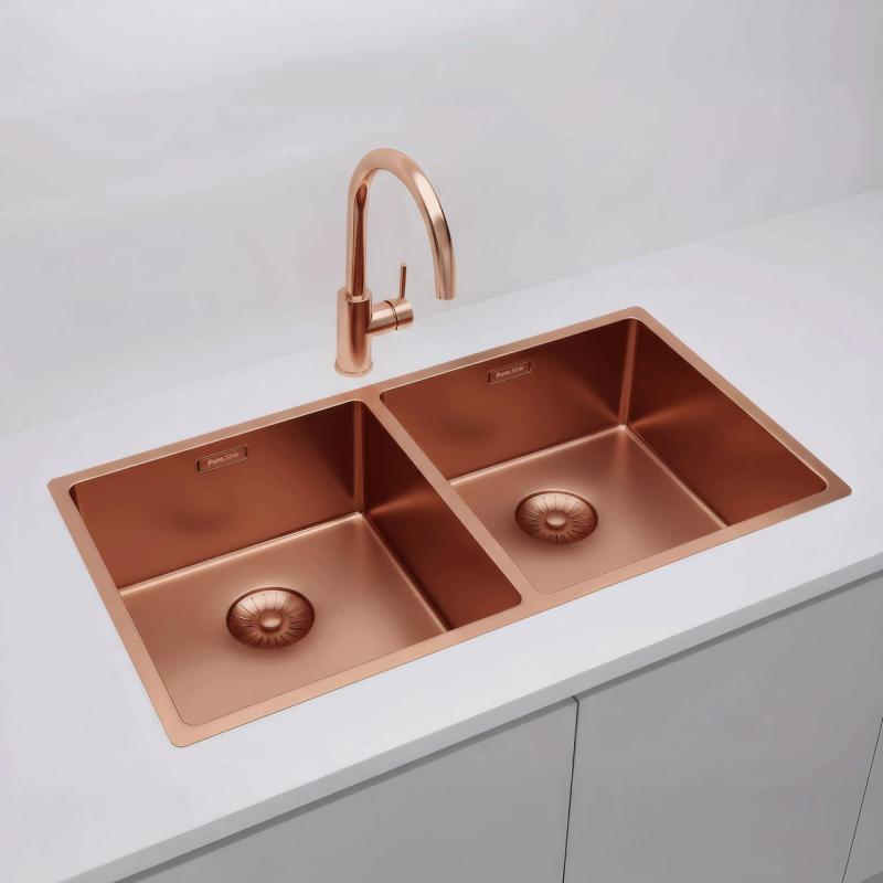 Pure.Sink Prestige Double Évier en cuivre 82x40 cm rayon de 10mm sous plan, à fleur et à poser PPG404040-62