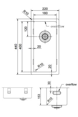 Pure.Sink Exclusivo petit évier doré 18x40 cm rayon 10mm sous-évier, encastré et surélevé PEX1840-60