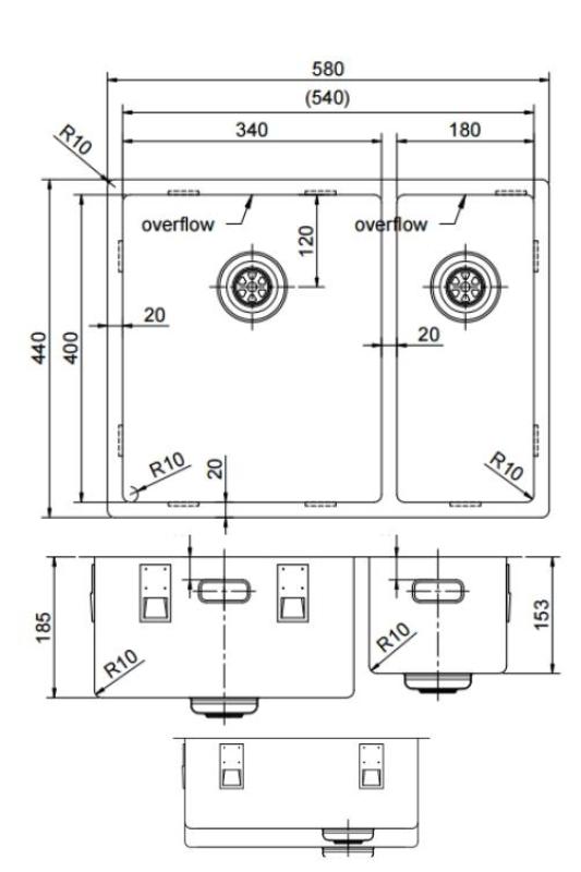Pure.Sink Exclusivo Or 1,5 bac à demi 34+18 cm rayon 10mm PEX341840-60