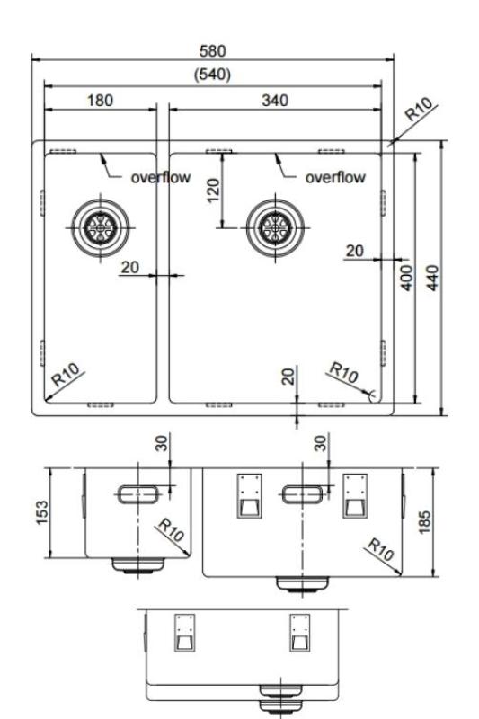 Pure.Sink Exclusivo Cuivre 1,5 bac et demi 18+34cm rayon de 10mm PEX183440-62