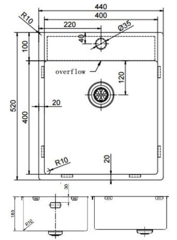 Pure.Sink Exclusivo Évier en cuivre 44x52 cm Tapwing avec trou pour robinet, rayon de 10mm PEX4040T-62