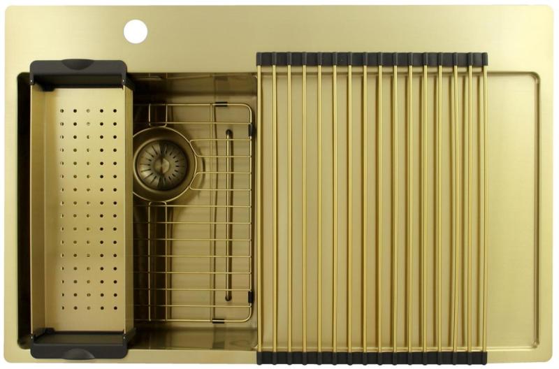 Pure.Sink Exclusivo Petit évier doré avec égouttoir 78 x 52 cm Robinet à levier gauche PEX3478LT-60