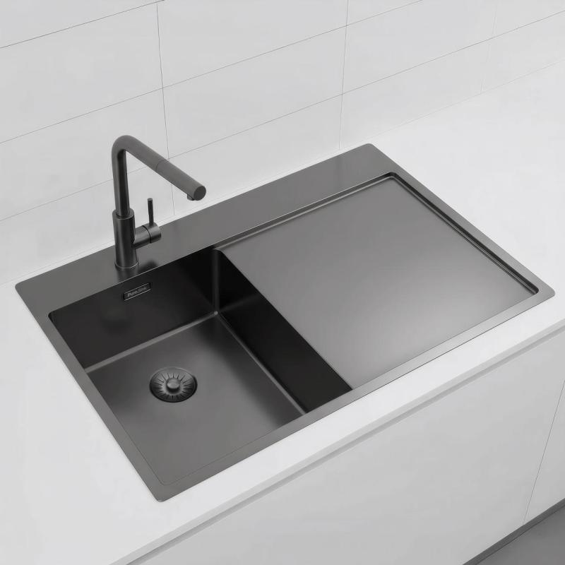 Pure.Sink Exclusivo Gun Metal petit évier avec égouttoir 78x52 cm Tapwing à gauche PEX3478LT-61