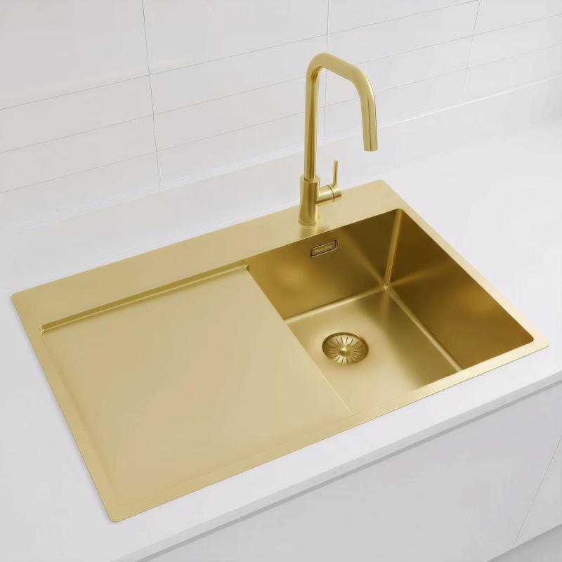 Pure.Sink Exclusivo Petit évier doré avec égouttoir 78 x 52 cm Robinet à levier droit PEX3478RT-60