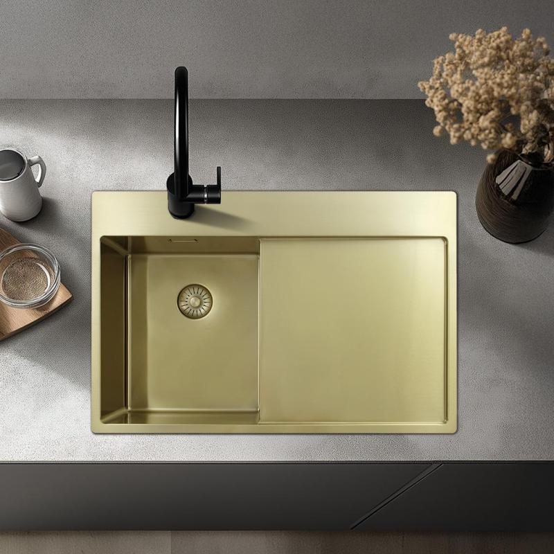 Pure.Sink Exclusivo Petit évier doré avec égouttoir 78 x 52 cm Robinet à levier droit PEX3478RT-60