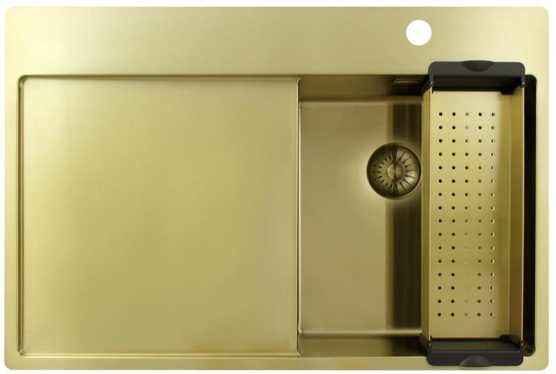 Pure.Sink Exclusivo Petit évier doré avec égouttoir 78 x 52 cm Robinet à levier droit PEX3478RT-60