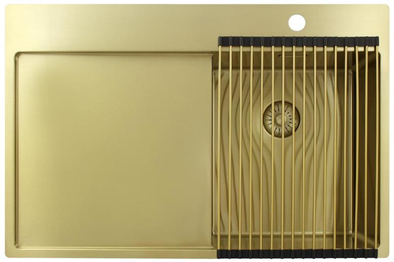 Pure.Sink Exclusivo Petit évier doré avec égouttoir 78 x 52 cm Robinet à levier droit PEX3478RT-60