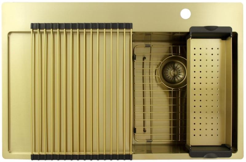 Pure.Sink Exclusivo Petit évier doré avec égouttoir 78 x 52 cm Robinet à levier droit PEX3478RT-60