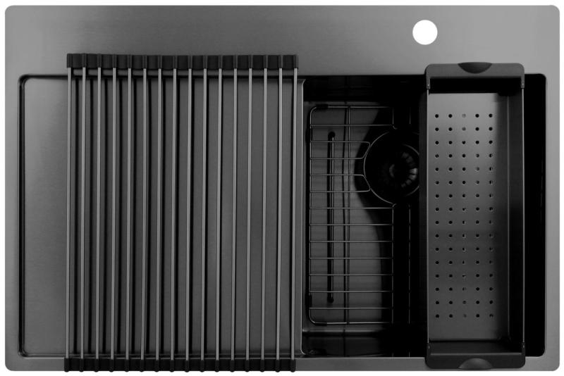 Pure.Sink Exclusivo Gun Metal petit évier avec zone d'égouttage 78x52 cm Tapwing à droite PEX3478RT-61