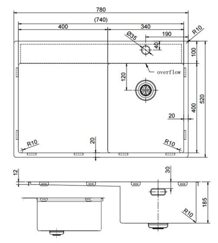 Pure.Sink Exclusivo Petit évier en cuivre avec égouttoir 78x52 cm Tapwing à droite PEX3478RT-62