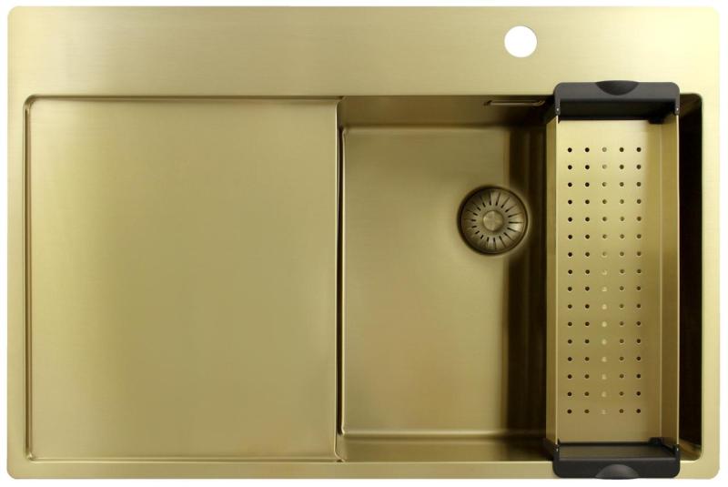 Pure.Sink Exclusivo Évier doré avec égouttoir 78 x 52 cm Robinet à levier droit PEX4078RT-60