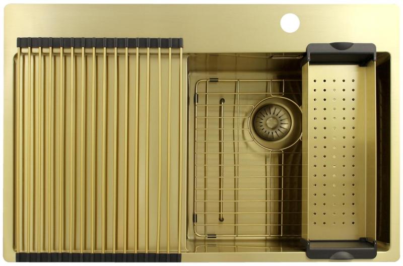 Pure.Sink Exclusivo Évier doré avec égouttoir 78 x 52 cm Robinet à levier droit PEX4078RT-60