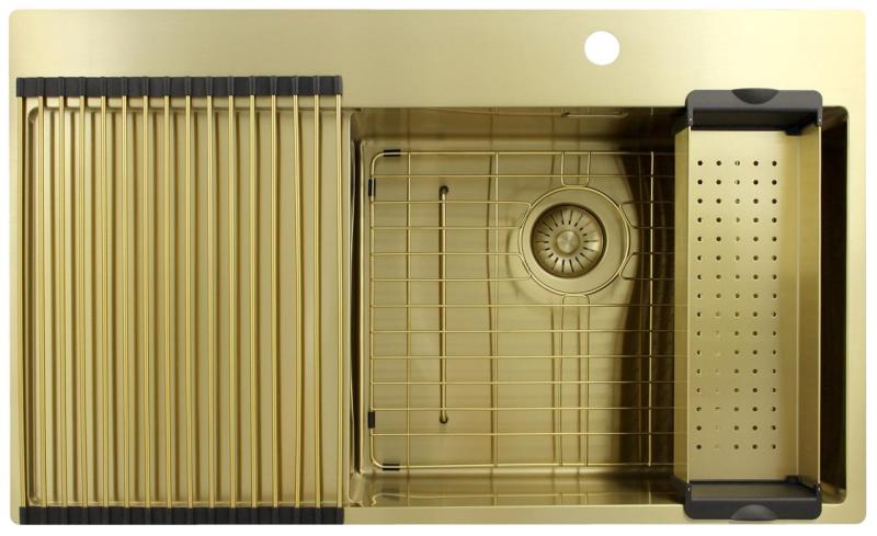 Pure.Sink Exclusivo Évier doré avec égouttoir 86x52 cm Tapwing à droite PEX5086RT-60