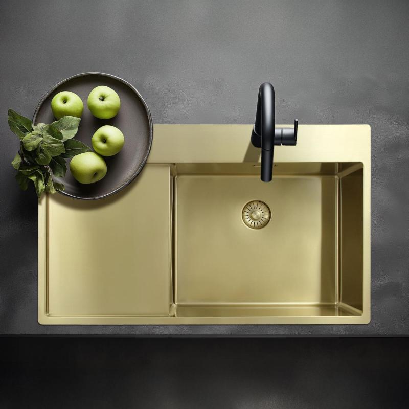 Pure.Sink Exclusivo Évier doré avec égouttoir 86x52 cm Tapwing à droite PEX5086RT-60