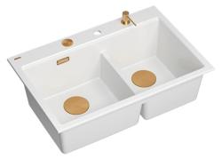 Quadri Hard Rock Double Évier de Surface en Granit Blanc 76 x 50 cm avec Bouchon en Cuivre et Accessoires 1208971357