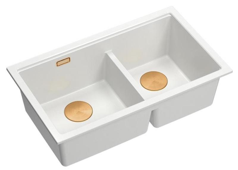 Quadri Newport II Double Évier de montage en Granit Blanc 76x45 cm avec Bouchon en Cuivre 1208971358