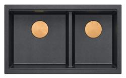 Quadri Newport II Double Évier de montage en Surface en Granit Anthracite 76x45 cm avec Bouchon en Cuivre 1208971359