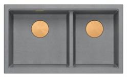 Quadri Newport II Double Évier en Granit Gris 76x45 cm avec Bouchon en Cuivre 1208971360