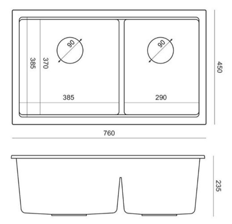 Quadri Newport II Double Évier en Granit Gris 76x45 cm avec Bouchon en Cuivre 1208971360