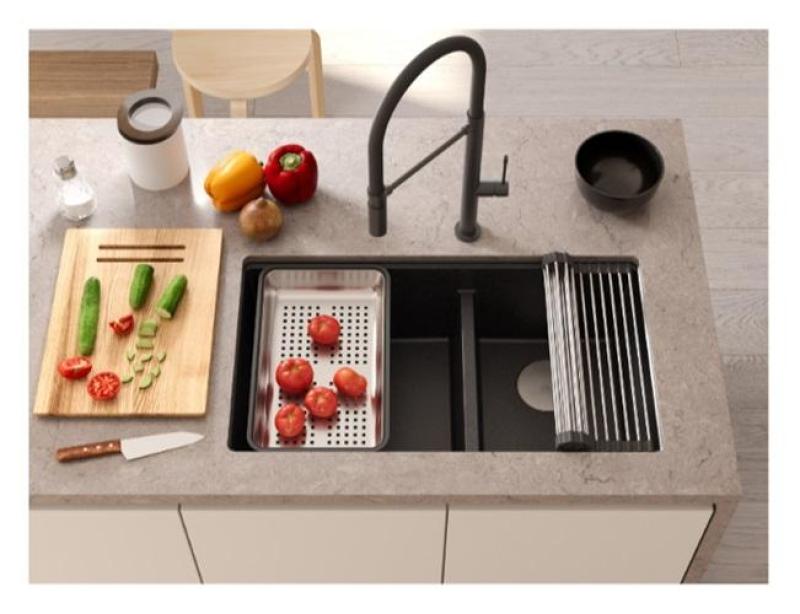 Quadri Newport II Double Évier Sous-Plan en Granit Blanc 702 x 390 mm avec Bouchon en Cuivre 1208971373