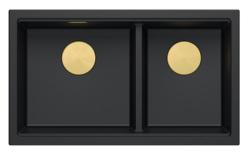 Quadri Newport II Double Évier Sous-Plan en Granit Noir 702 x 390 mm avec Bouchon Doré 1208971381
