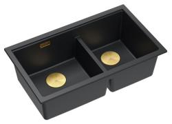Quadri Newport II Double Évier Sous-Plan en Granit Noir 702 x 390 mm avec Bouchon Doré 1208971381