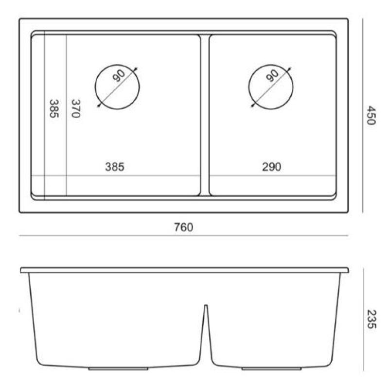 Quadri Newport II Double Evier Sous-Plan en Granit Anthracite 702 x 390 mm avec Bouchon en Acier Inoxydable 1208971384