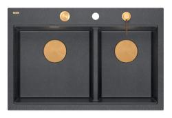 Évier de montage Quadri Hard Rock Double Granit Anthracite 76x50 cm avec bouchon de cuivre et accessoires 1208971388