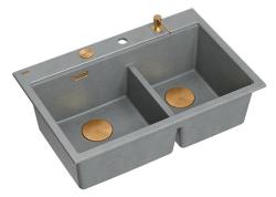 Évier de montage Quadri Hard Rock Double Granite Gris 76x50 cm avec bouchon en cuivre et accessoires 1208971389