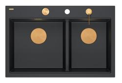 Quadri Hard Rock Double Évier en Granit Noir 76x50 cm avec Bouchon en Cuivre et Accessoires 1208971390