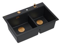 Quadri Hard Rock Double Évier en Granit Noir 76x50 cm avec Bouchon en Cuivre et Accessoires 1208971390