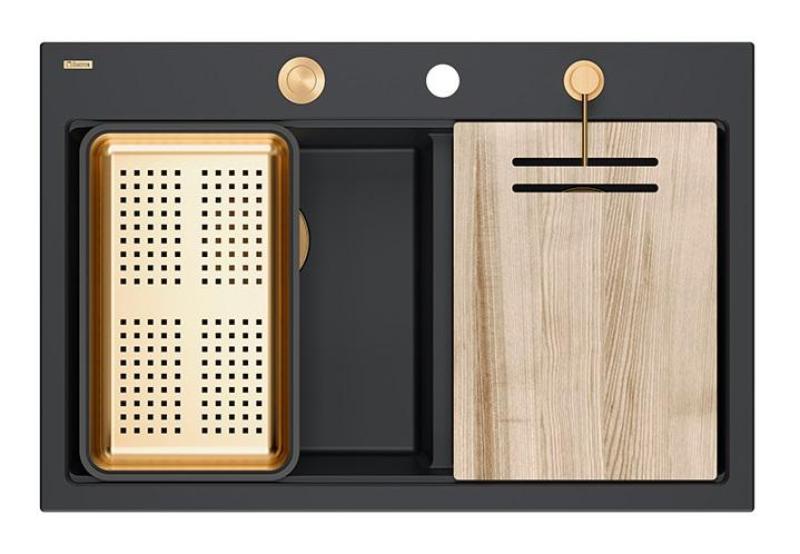 Quadri Hard Rock Double Évier en Granit Noir 76x50 cm avec Bouchon en Cuivre et Accessoires 1208971390