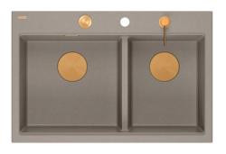 Quadri Hard Rock Double Taupe Granit Évier de Surface 76x50 cm avec Bouchon en Cuivre et Accessoires 1208971391