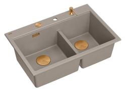 Quadri Hard Rock Double Taupe Granit Évier de Surface 76x50 cm avec Bouchon en Cuivre et Accessoires 1208971391