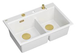 Quadri Hard Rock Double Évier en granit blanc 76x50 cm avec bouchon doré et accessoires 1208971392