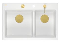 Quadri Hard Rock Double Évier en granit blanc 76x50 cm avec bouchon doré et accessoires 1208971392