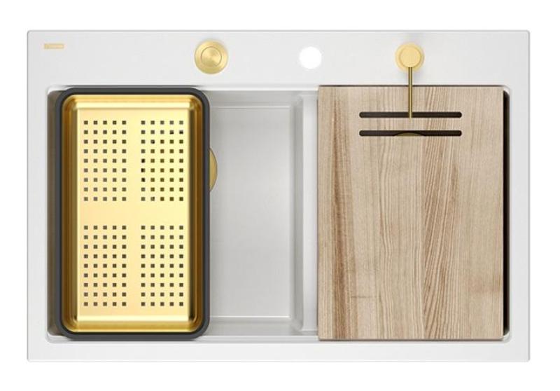 Quadri Hard Rock Double Évier en granit blanc 76x50 cm avec bouchon doré et accessoires 1208971392