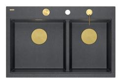 Évier de montage Quadri Hard Rock Double Granit Anthracite 76x50 cm avec bouchon doré et accessoires 1208971393