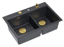 Évier de montage Quadri Hard Rock Double Granit Anthracite 76x50 cm avec bouchon doré et accessoires 1208971393