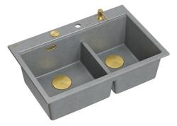 Évier à poser en granit gris double Quadri Hard Rock 76x50 cm avec bouchon doré et accessoires 1208971394
