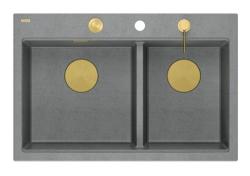 Évier à poser en granit gris double Quadri Hard Rock 76x50 cm avec bouchon doré et accessoires 1208971394