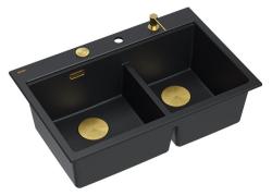 Évier Quadri Hard Rock en granit noir double à monter 76x50 cm avec bouchon doré et accessoires 1208971395
