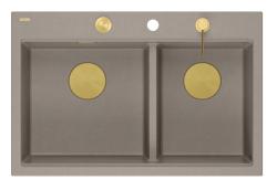 Quadri Hard Rock Double Taupe Granit Évier de montage 76x50 cm avec bouchon d'or et accessoires 1208971396