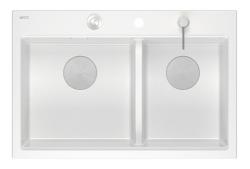Quadri Hard Rock Double Évier de montage en granit blanc 76x50 cm avec bouchon en acier inoxydable et accessoires 1208971398