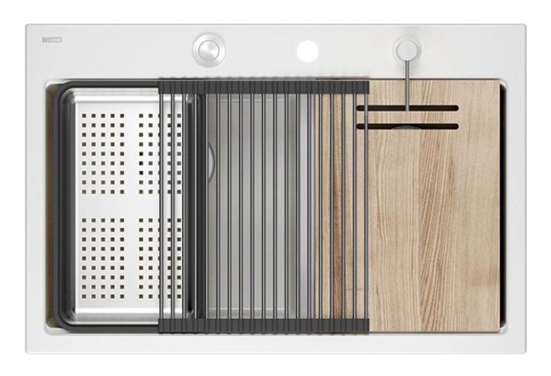 Quadri Hard Rock Double Évier de montage en granit blanc 76x50 cm avec bouchon en inox et accessoires 1208971398