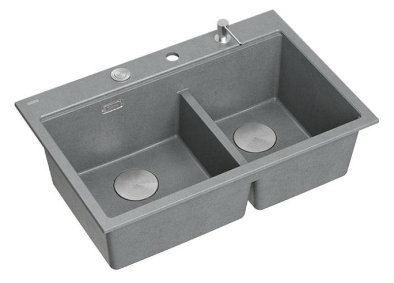 Quadri Hard Rock Double Évier en Granit Gris 76x50 cm avec Bouchon en Inox et Accessoires 1208971400